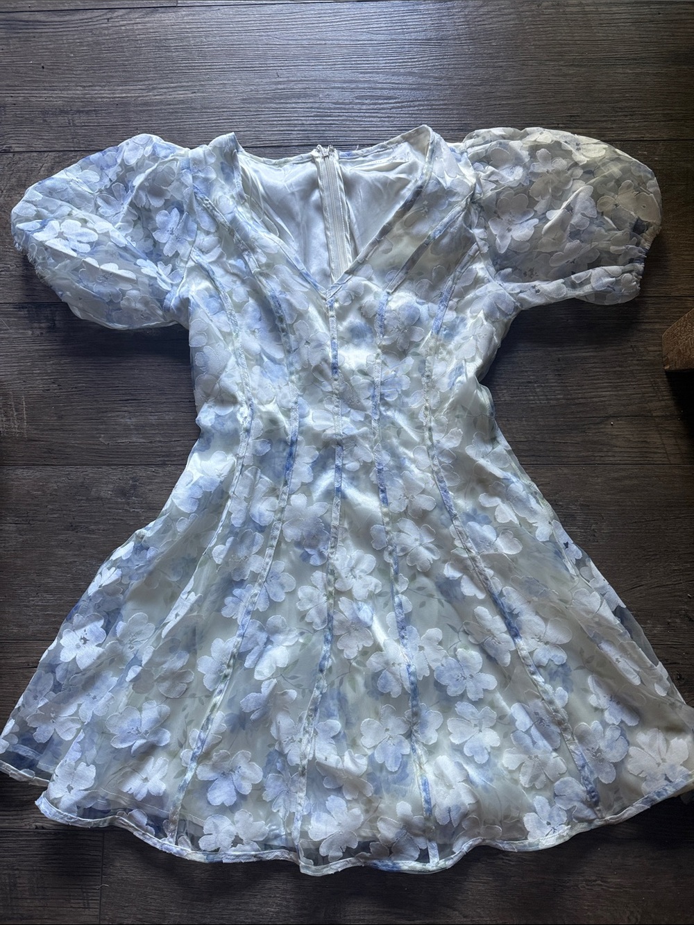Sheer Floral Appliqué Puff Sleeve Mini Dress in Pale Blue